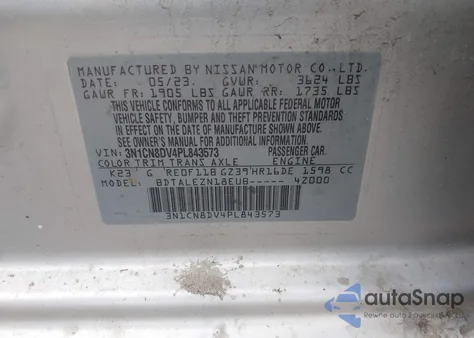 2023 Nissan Versa 1.6 S Xtronic Cvt из США, поврежденный, VIN 3N1CN8DV4PL843573